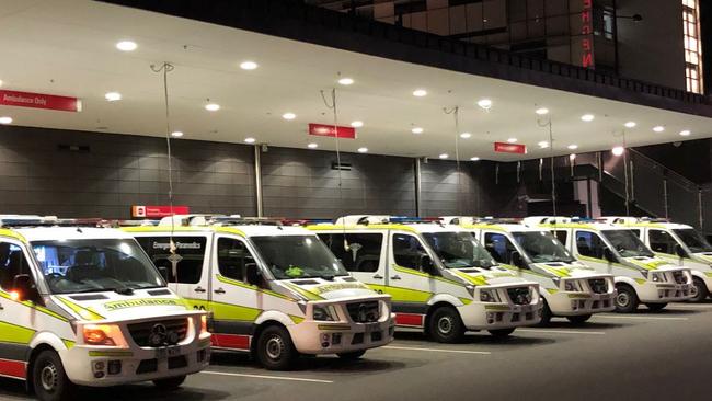 Ambulances lined up at the Gold Coast University Hospital.