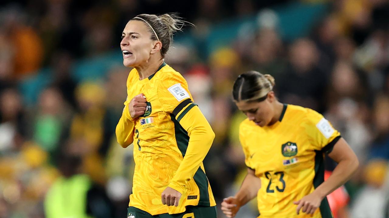 SYDNEY, AUSTRALIA - JULY 20: Steph Catley (L) of Australia celebrates after scoring her team's first goal during the FIFA Women's World Cup Australia &amp; New Zealand 2023 Group B match between Australia and Ireland at Stadium Australia on July 20, 2023 in Sydney, Australia. (Photo by Brendon Thorne/Getty Images)