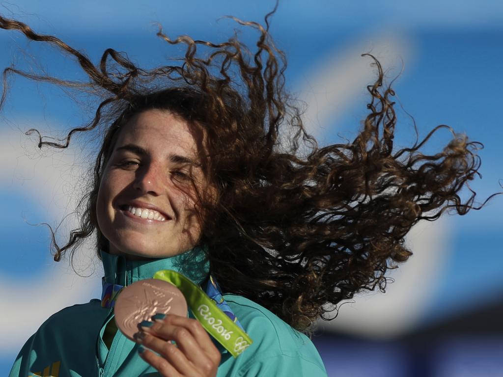 Jessica Fox shows off her bronze medal in the kayak K1 women’s canoe slalom.