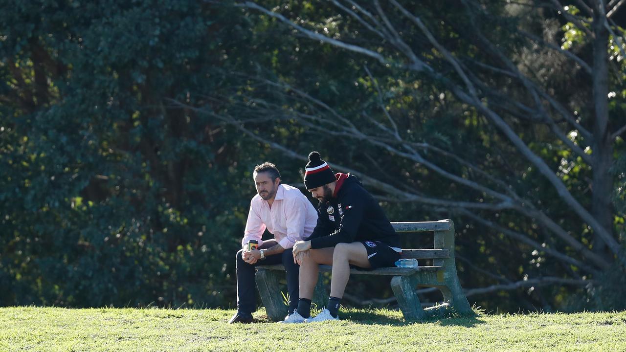 Saints football manger Simon Lethlean chats with Paddy McCartin at training. (Photo by Michael Willson/AFL Photos)