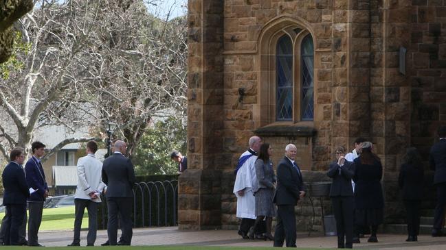 Family and Friends arrive at Sir James Hardy’s State Funeral at Memorial Hall, St Peter’s College, SA. Picture: NCA NewsWire / Emma Brasier