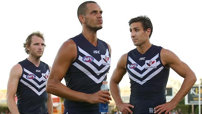 David Mundy, Michael Johnson and Matthew Pavlich look unimpressed after the game.