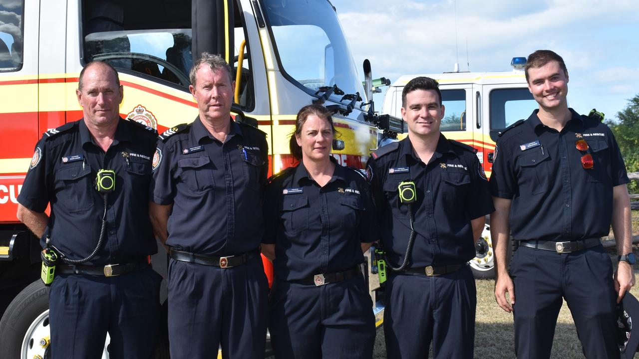 Bowen firefighters Mads Larsen, Ian Patchett, Frances Punshon, Mitchell Pohlmann, and Ryan Bolden gearing up for a kitchen fire simulation at the Bowen Show on Tuesday. Picture: Kirra Grimes