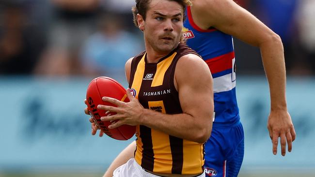 MELBOURNE, AUSTRALIA - FEBRUARY 23: Nick Watson of the Hawks in action during the AFL 2024 Match Simulation between the Western Bulldogs and Hawthorn at Whitten Oval on February 23, 2024 in Melbourne, Australia. (Photo by Michael Willson/AFL Photos via Getty Images)