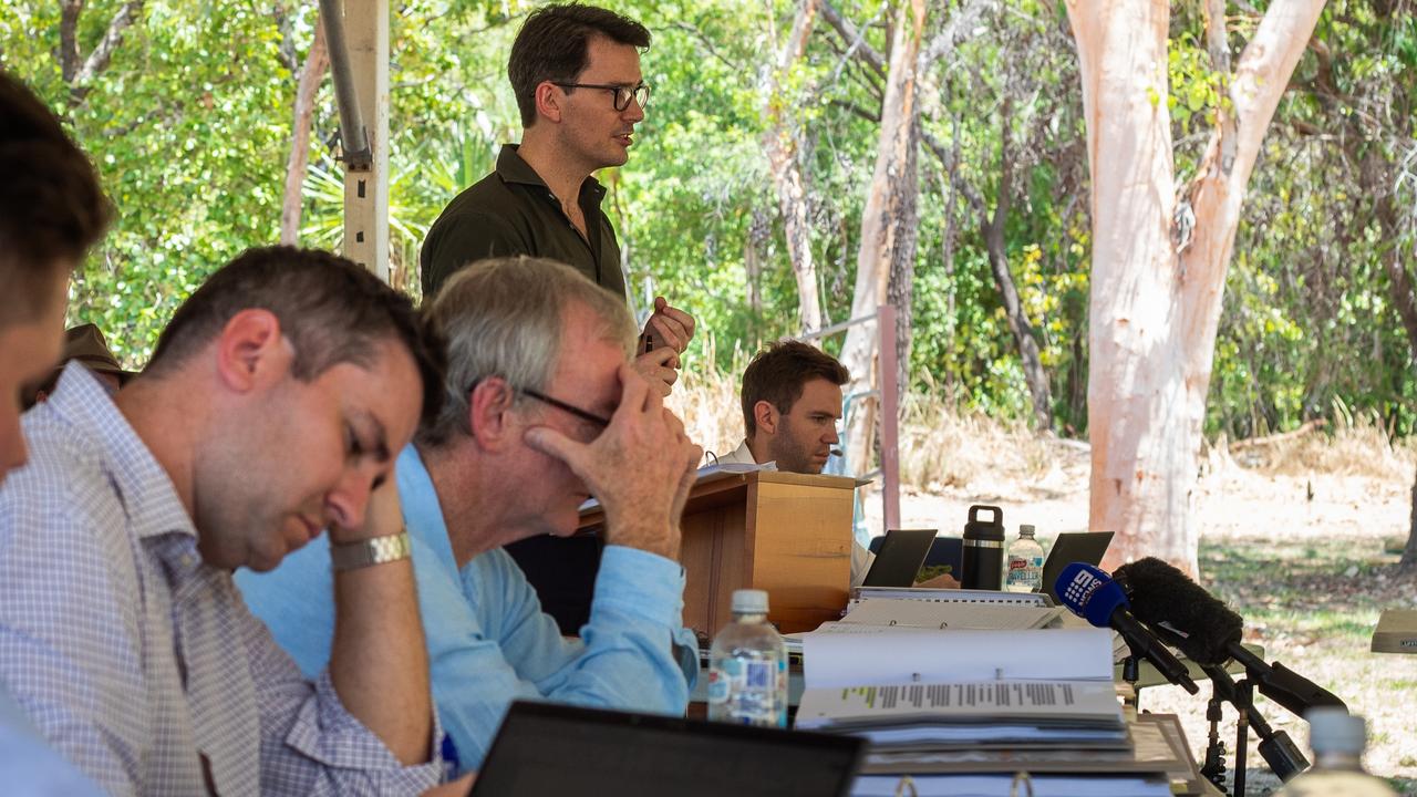 Commonwealth barristers listening as Aboriginal Areas Protection Authority barrister Lachlan Spargo-Peattie, addressed the on Country hearing at Gunlom Falls. Picture: Zizi Averill