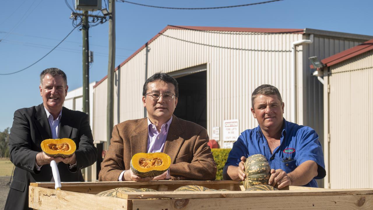 Minister Mark Furner, Japanese Counsul General in Brisbane Kazunari Tanaka and Qualipac director Troy Qualischefski, at the Qualipac packing sheds. PHOTO: ALI KUCHEL