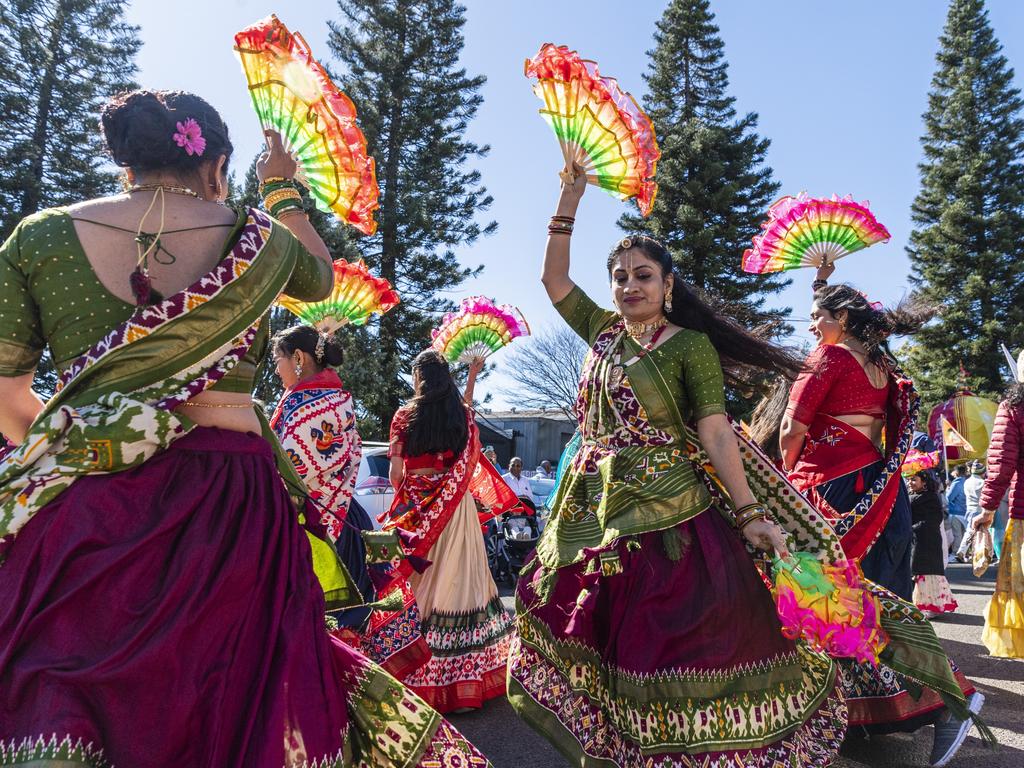 Dancers in front of the chariot at Toowoomba's Festival of Chariots, Saturday, July 20, 2024. Picture: Kevin Farmer