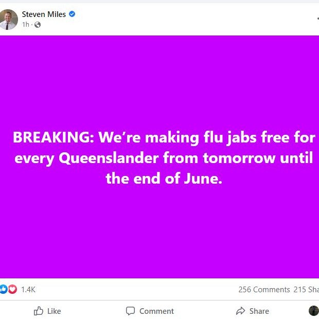 Steven Miles promotes free flu jabs on Facebook.