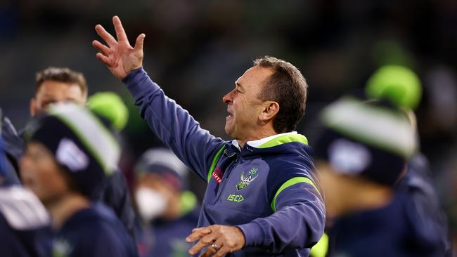 CANBERRA, AUSTRALIA - MAY 06: Raiders coach Ricky Stuart reacts to a decision during the round nine NRL match between the Canberra Raiders and the Canterbury Bulldogs at GIO Stadium, on May 06, 2022, in Canberra, Australia. (Photo by Mark Nolan/Getty Images)