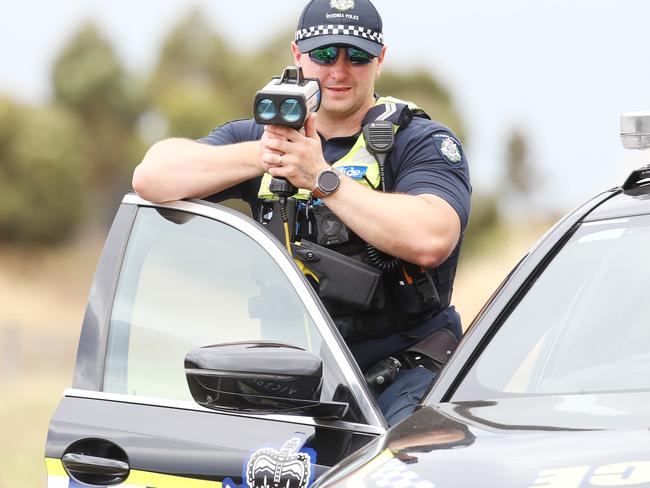 Senior Constable Simon Turner of Geelong Highway Patrol. Summer road policing. Picture: Alan Barber