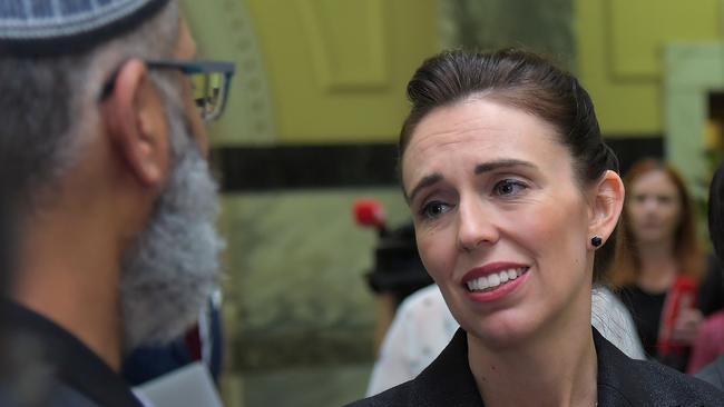 New Zealand Prime Minister Jacinda Ardern meets with Muslim community leaders after the attack. Picture: AFP 