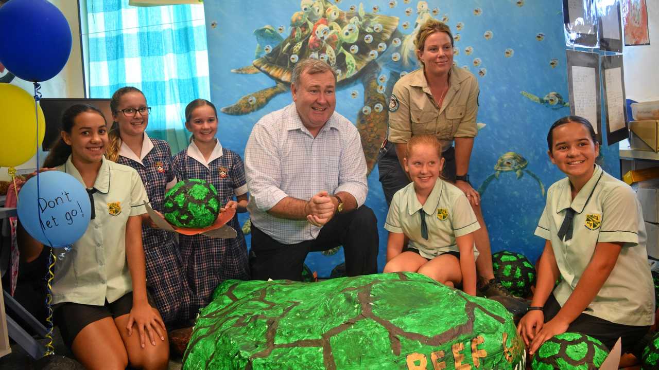 SAVE THE TURTLES: Bundaberg Mayor Jack Dempsey at Kalkie State School, announcing the council will ban the release of helium balloons. Picture: Sarah Steger