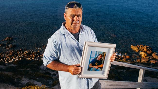 Port Lincoln father Adrian Ryan at Fishery Bay, where his son Paddy was learning to surf before his death by Sudden Sniffing Death Syndrome. Picture Robert Lang