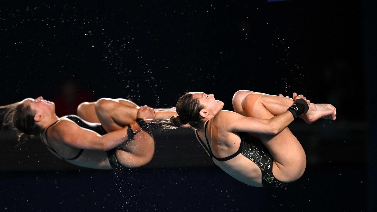 Australia's Nikita Hains and Melissa Wu compete in the final of the women's 10m platform synchro diving event at the World Aquatics Championships. Picture: AFP