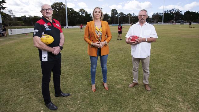 David Diamond from Morningside Panthers AFL club and Rod Jackson from the Bulimba Memorial Bowls Club join Cr Kara Cook at Jack Esplen Oval, Hawthorne, yesterday calling for financial assistance from Brisbane City Council. Picture: Attila Csaszar