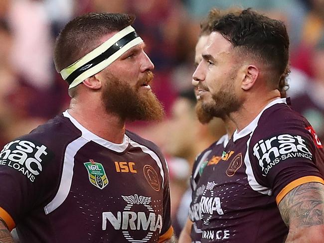 BRISBANE, AUSTRALIA - SEPTEMBER 09:  Josh McGuire and Darius Boyd of the Broncos look on after a Dragons try during the NRL Elimination Final match between the Brisbane Broncos and the St George Illawarra Dragons at Suncorp Stadium on September 9, 2018 in Brisbane, Australia.  (Photo by Chris Hyde/Getty Images)