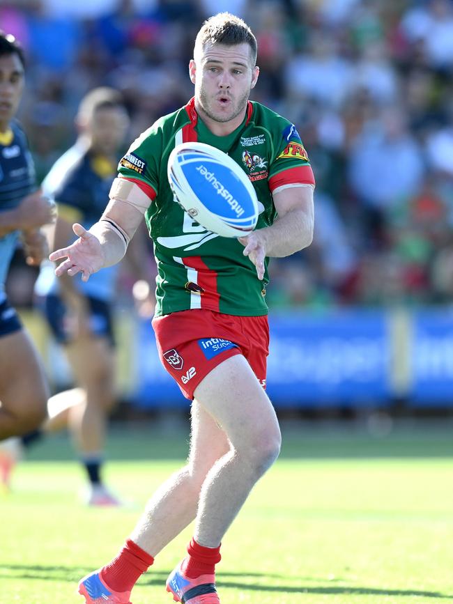 BRISBANE, AUSTRALIA - OCTOBER 10: Sam Scarlett of the Seagulls passes the ball during the 2021 QRL Intrust Super Cup Grand Final match between the Norths Devils and the Wynnum-Manly Seagulls at Moreton Daily Stadium on October 10, 2021, in Brisbane, Australia. (Photo by Bradley Kanaris/Getty Images)