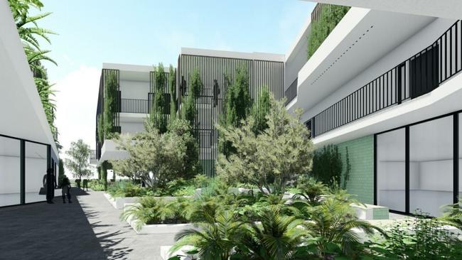 An artist's impression of the internal courtyard of the mixed use development at 139 Jonson Street, Byron Bay.