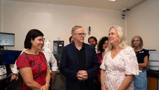 Prime Minister Anthony Albanese met patient Carol Collins of the Alan Walker Cancer Clinic at Royal Darwin Hospital on Monday, alongside Chief Minister Natasha Fyles. Picture: Pema Tamang Pakhrin