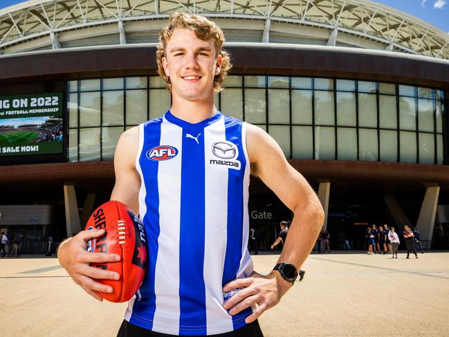 ADELAIDE, AUSTRALIA - NOVEMBER 25: Jason Horne-Francis poses during the NAB AFL Draft Media Opportunity at Adelaide Oval on November 25, 2021 in Melbourne, Australia. (Photo by James Elsby/AFL Photos via Getty Images)