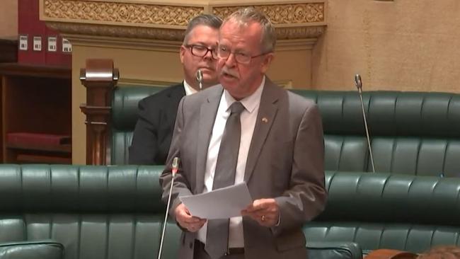 Geoff Brock delivers his speech in Parliament announcing his retirement due to ill health.