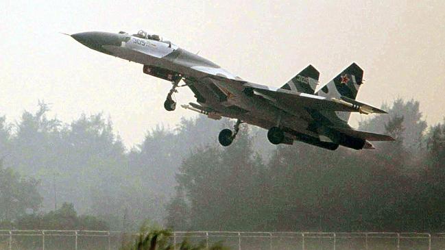 A Russian Su-27 fighter jet takes off during an exhibition flight. Picture: AFP