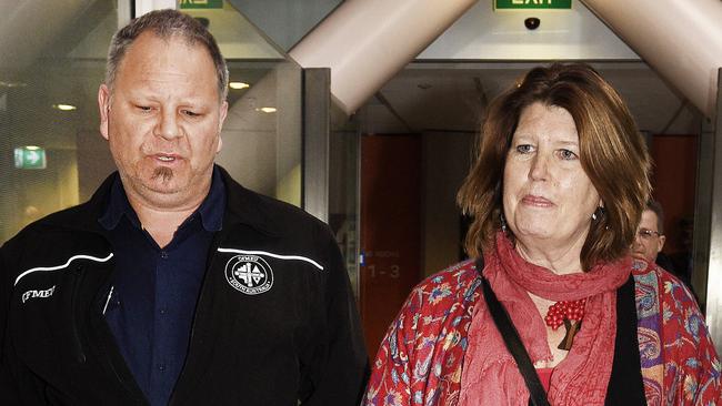 CFMEU state secretary Aaron Cartlege, left, and Pam Gurner-Hall, right, outside the Industrial Court. Picture: Roger Wyman.