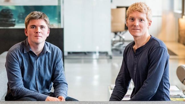 Two brothers who are co-founders of online payments start-up Stripe, John Collison, left, president, and Patrick Collison, chief executive. Picture: David Paul Morris/Bloomberg News