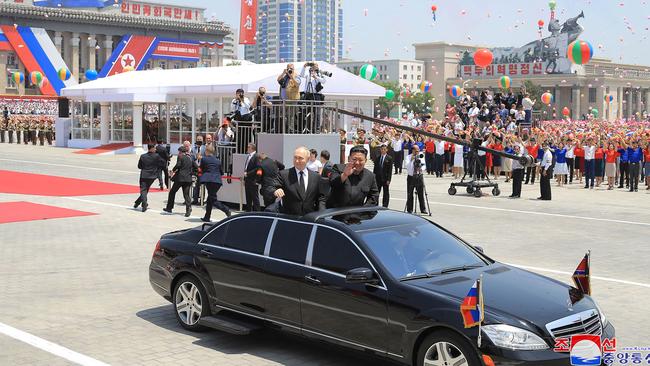 The leaders parading past during a welcoming ceremony at Kim Il Sung Square in Pyongyang. Picture: KCNA via KNS/AFP