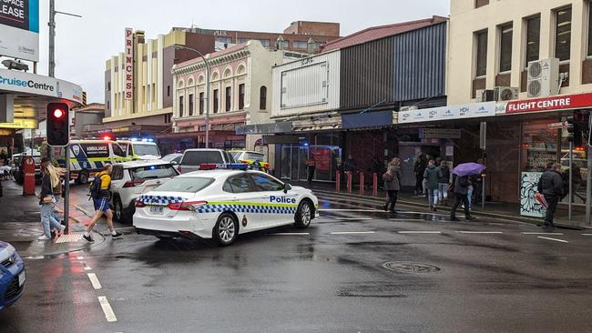 Brisbane St between George St and St John St in Launceston is currently closed and people are asked to avoid the area. One person is in custody over an incident. Picture: Alex Treacy