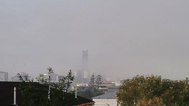 Thick fog over the Brisbane CBD this morning.