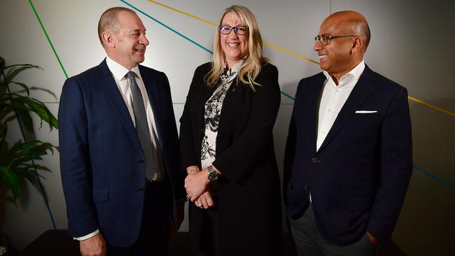 Bernie Landy (General manager sales &amp; marketing, Bluescope), Gabby Costigan (CEO BAE Systems Australia) &amp; Sanjeev Gupta (Executive chairman &amp; owner of Liberty OneSteel) Picture: Bianca De Marchi