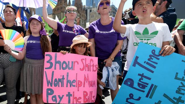 Public transport workers were supported by their families. Picture: Andrew Henshaw