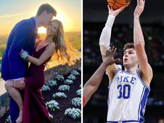 Kyle Filipowski with girlfriend Caitlin Hutchinson and playing for Duke. Photos: Instagram/AFP