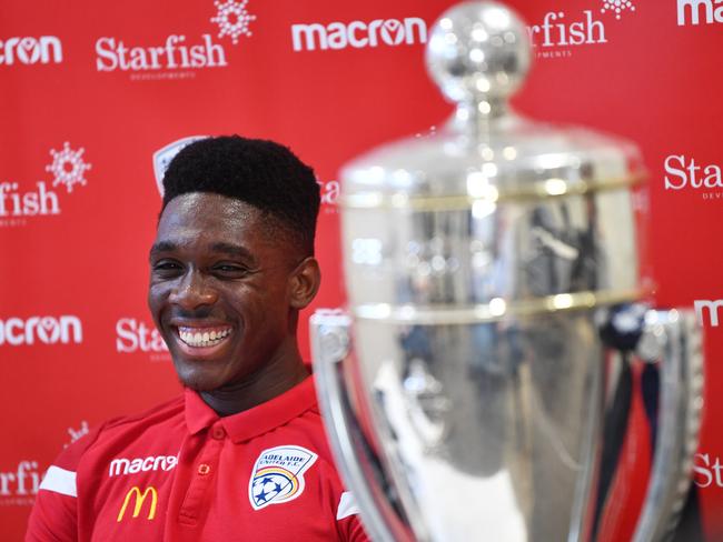 Al Hassan Toure of United is seen at the Adelaide United Training Centre in Elizabeth, Adelaide, Thursday, October 24, 2019. (AAP Image/David Mariuz) NO ARCHIVING