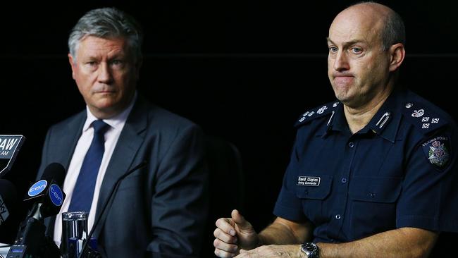 Melbourne Stadiums Limited chief Michael Green and Acting Commander David Clayton. Picture: Michael Dodge/Getty Images