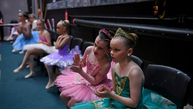 Townsville Eisteddfod. Age 9. Classical Solo. Jessica Reeve and Sophie Ball wait in the wings. Picture: Evan Morgan