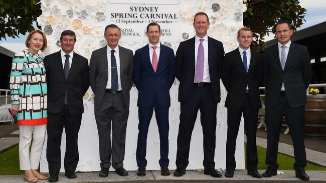 Racing identities, Gai Waterhouse, former jockey Darren Beadman, trainer Peter Snowden, jockey Hugh Bowman, trainer Michael Hawkes, jockey Tommy Berry and trainer Chris Waller at Royal Randwick Racecourse. Picture: Dan Himbrechts