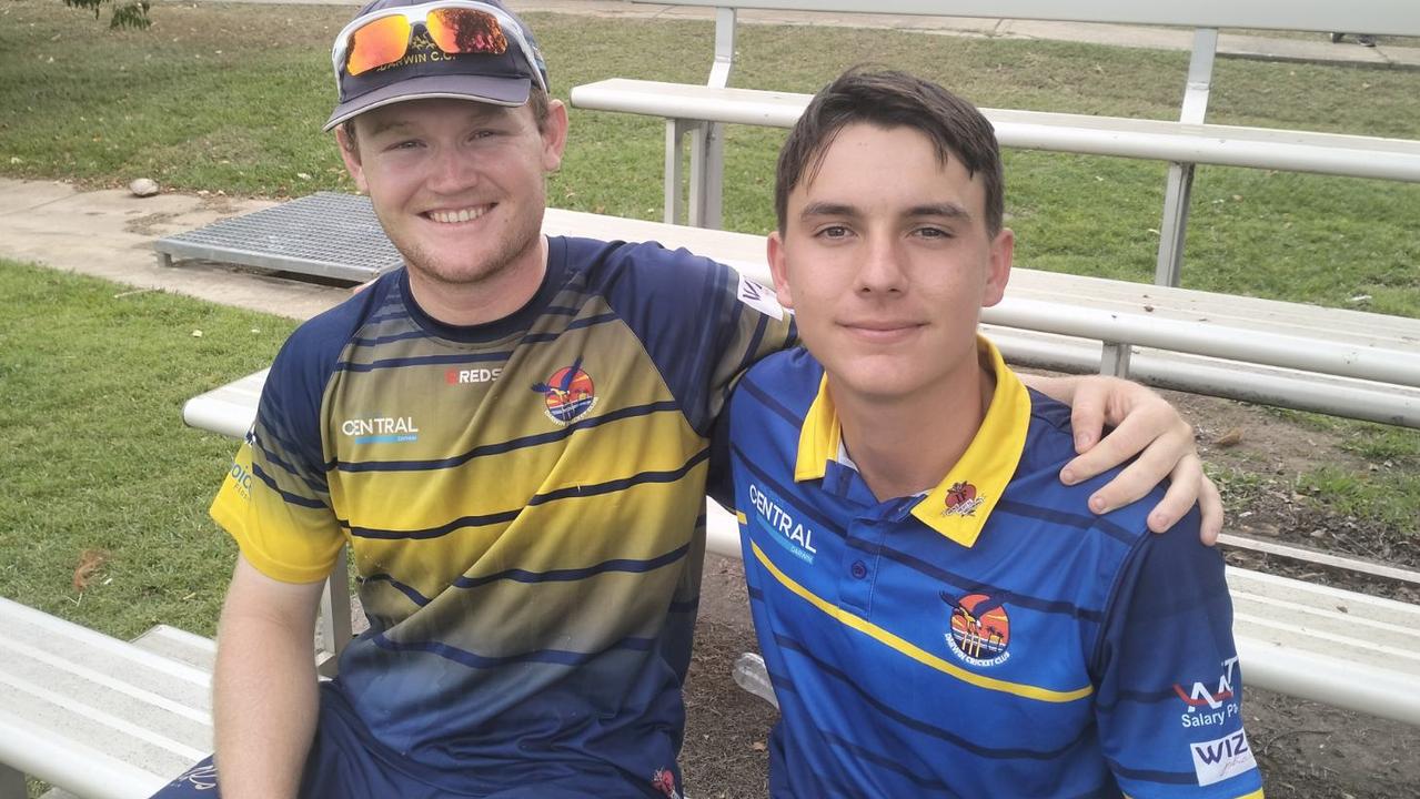 Will Pilkington and Tom Menzies playing for the Darwin Cricket Club. Picture: Ian Butterworth