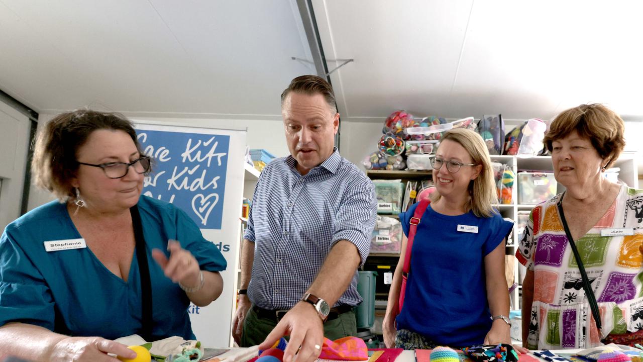 Lord Mayor Adrian Schrinner, on first day of voting in council elections, at Care Kits for Kids, Camp Hill, on Monday. Picture: Steve Pohlner