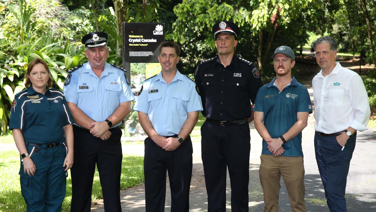 The Far North's first responders and authorities joined forces to urge visitors to the region's waterways and swimming holes to take on personal responsibility in a bid to increase safety. Queensland Ambulance Service senior operation supervisor Jo Selby, Far North District Superintendent Mick Searle, SES area controller Chris Watts, Queensland Fire Department acting inspector Troy Hastie, Queensland Parks and Wildlife regional director, TTNQ CEO Mark Olsen. Picture: Arun Singh Mann