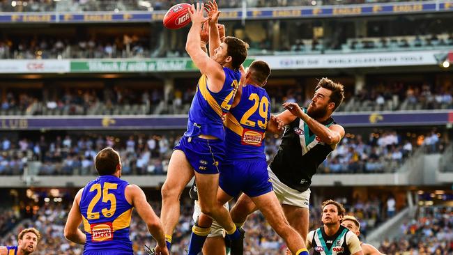 Jeremy McGovern flies for a pack mark for the Eagles rises. Picture: Daniel Carson/AFL Media/Getty Images