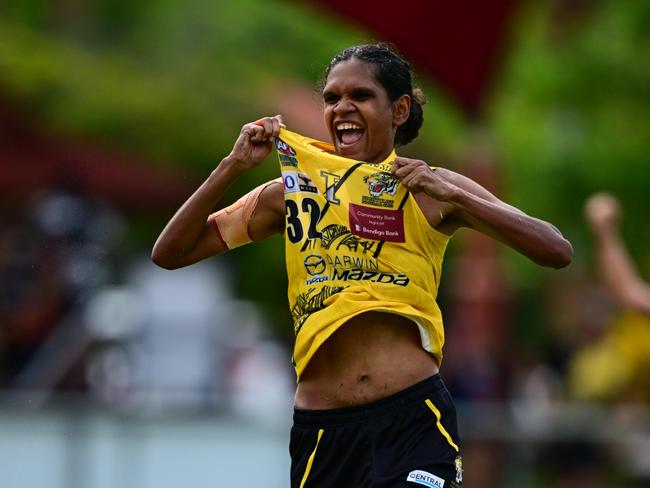 Tshinta Kendall celebrates a match winning goal for the Nightcliff Tigers against Tiwi in Round 5 of the 2024-25 NTFL season. Picture: Patch Clapp / AFLNT Media