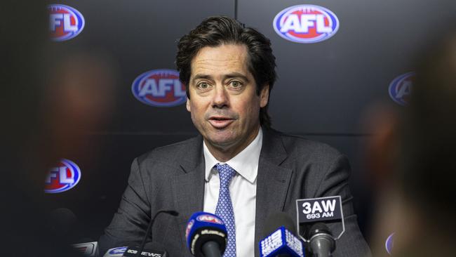 AFL Chief Executive Officer Gillon McLachlan speaks to media at an AFL press conference at Marvel Stadium, Melbourne, Tuesday, June 19, 2019. (AAP Image/Daniel Pockett) NO ARCHIVING