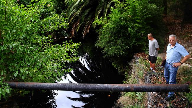 Charles Ooi and Charles Camenzulli inspect the smell at Coopers Creek. Picture: Angelo Velardo