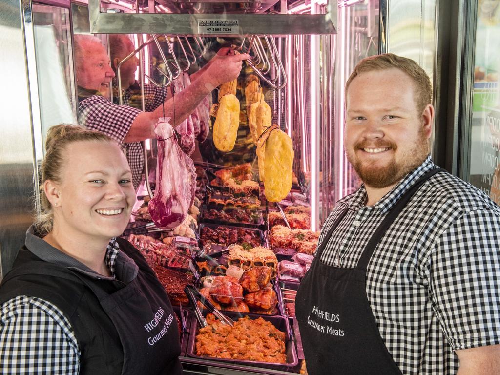 Sharlene Somerton and Christian Nicholls from Highfields Gourmet Meats. Picture: Nev Madsen.