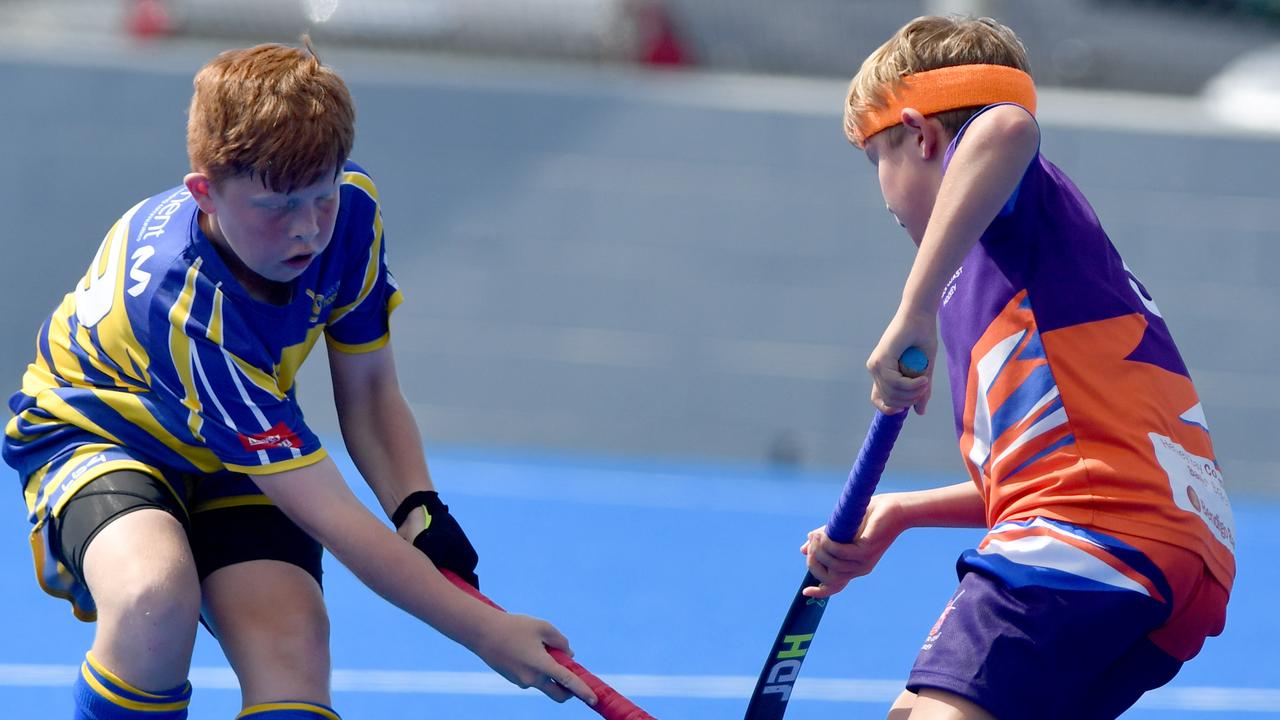 Under 13 State hockey championships. Townsville’s Jack English and Fraser Coast's Percy Schulz. Picture: Evan Morgan