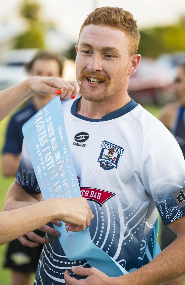 Austin Jennings is named the Fastest Male Footballer 75 yards title holder on 2021 Postle Gift Raceday at Club Pittsworth, Saturday, October 30, 2021. Picture: Kevin Farmer