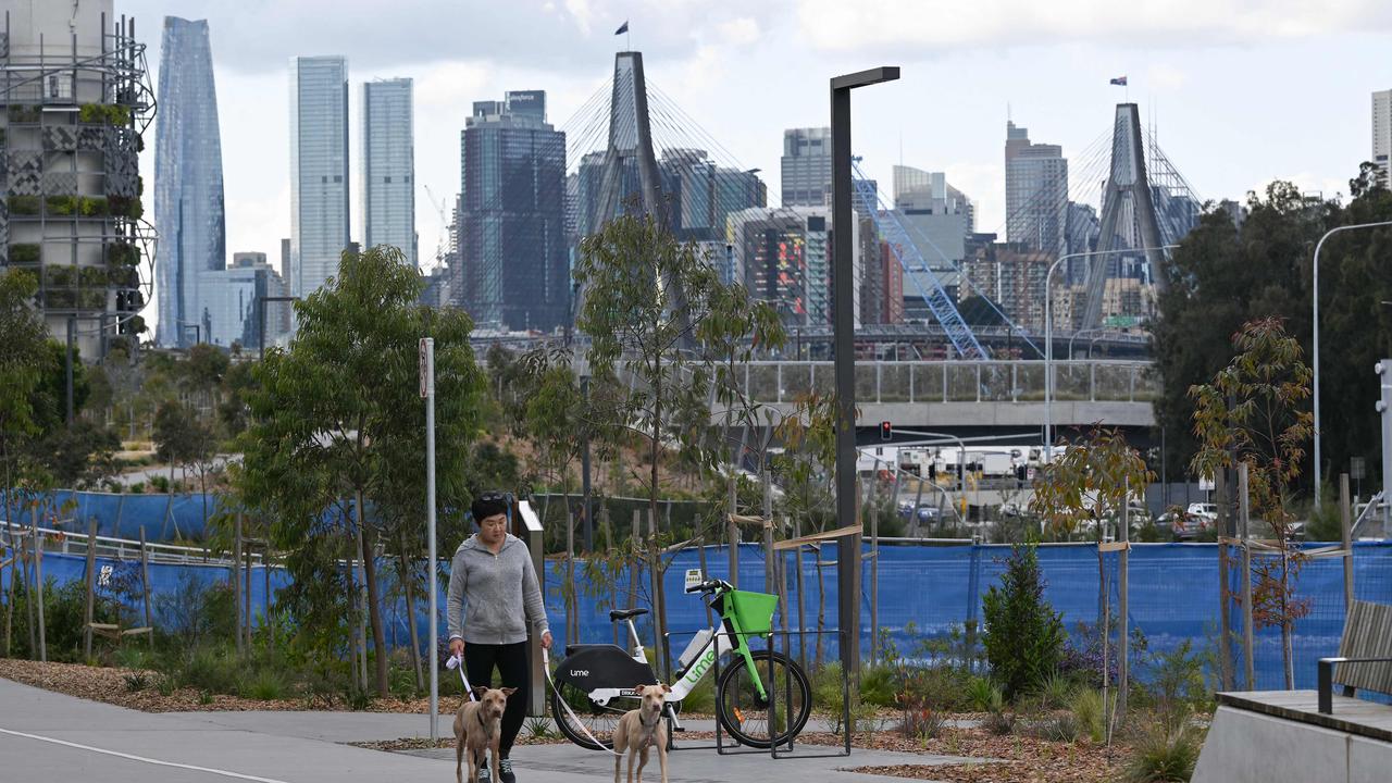 A woman walks dogs in front of Sydney's skyline on August 6, 2024, as the Reserve Bank of Australia (RBA) keeps interest rates on hold. Picture: Saeed KHAN / AFP)