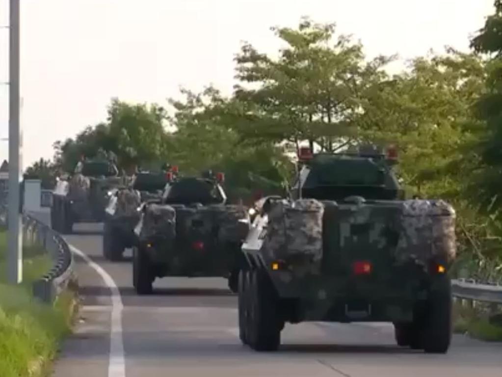 The footage shows army tankers purportedly moving towards the Hong Kong border.